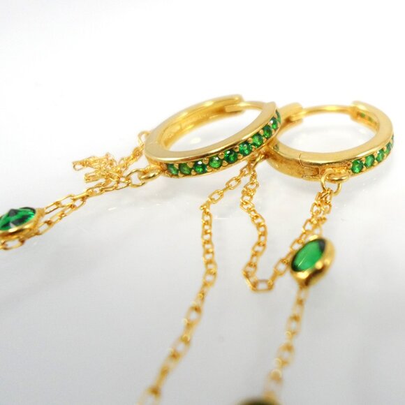 GABI RIELLE 14K Gold-Plated Sterling Emerald Crystal Dangle Pave Huggie Earrings - Picture 7 of 13